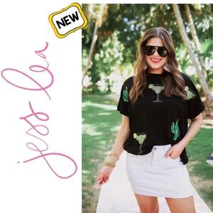 New JESS LEA Black Drinks On Me Sequin Patch Top Sequin Margaritas Cactus Wmn XL